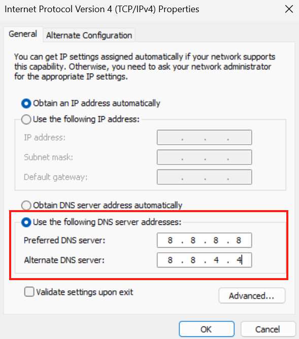 IPv4 DNS Server Entering